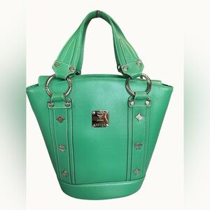 MCM Vibrant Green Tote with Silver Accents
